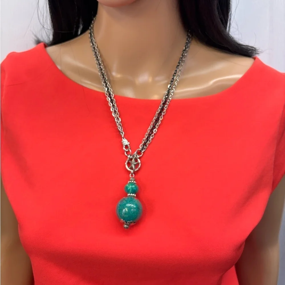 Chrysocolla Turquoise Blue Silver Tone Necklace with Larg Intricate Pendant - Picture 7 of 16